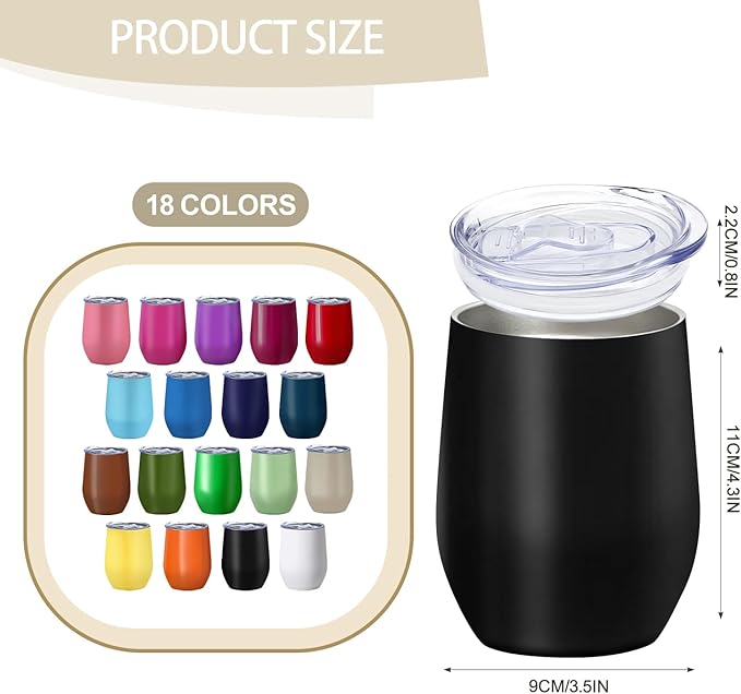 YOUKE OLA 18 Pack Stainless Steel Wine Tumbler with lid, 12oz Insulated Wine Tumbler Stemless Double Wall Vacuum Wine Glass Coffee Tumbler Bulk for Coffee, Wine, Cocktails, Champaign, 18 Colors