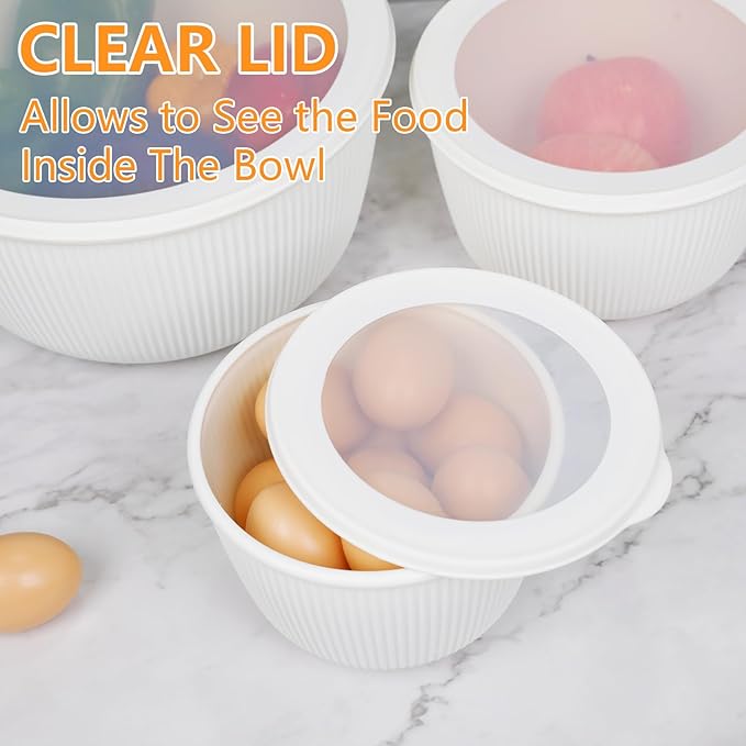 BoxedHome Mixing Bowls with Lids Set, 4 Packs BPA-Free Plastic Prep Bowls for Kitchen, Dishwasher & Microwave Safe, Large Capacity, Beige