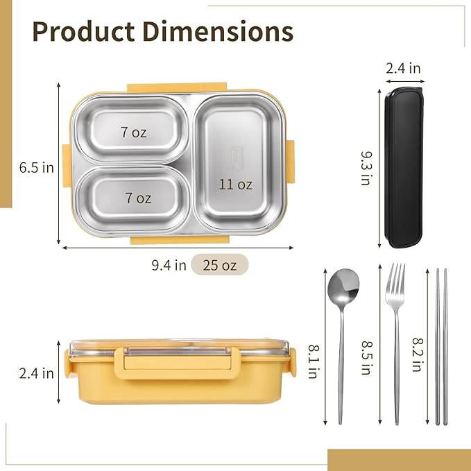Stainless Steel Bento Box, 3-Compartment Lunch Container, 25 oz Leakproof Food Storage Container with Utensils for Work, Picnic, Yellow