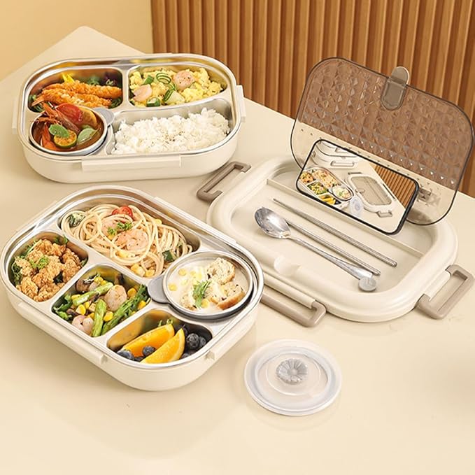 Bento Box Adult Lunch Box 304 Stainless Steel Portable Leakproof Lunch Food with Chopsticks Spoon Soup Bowl Large Capacity Sealed 1500ML (White-4 Compartments, 10.23IN*6.69IN*2.76IN)