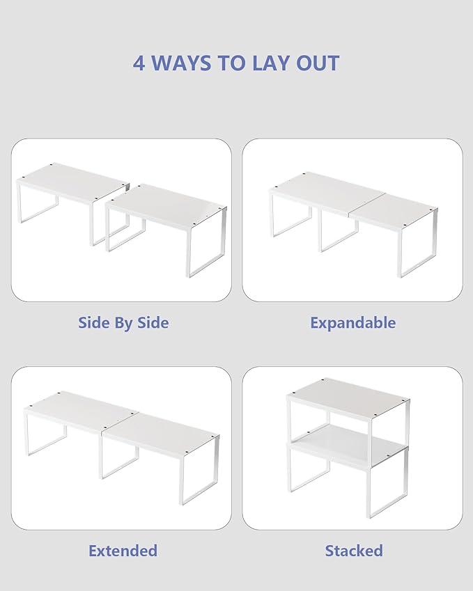 Cabinet Organizer Shelf, Set of 2 Cabinet Shelves, Stackable Metal Kitchen Counter Organizer, Adjustable Countertop Cupboard Pantry Shelf Riser Storage Rack, WHite