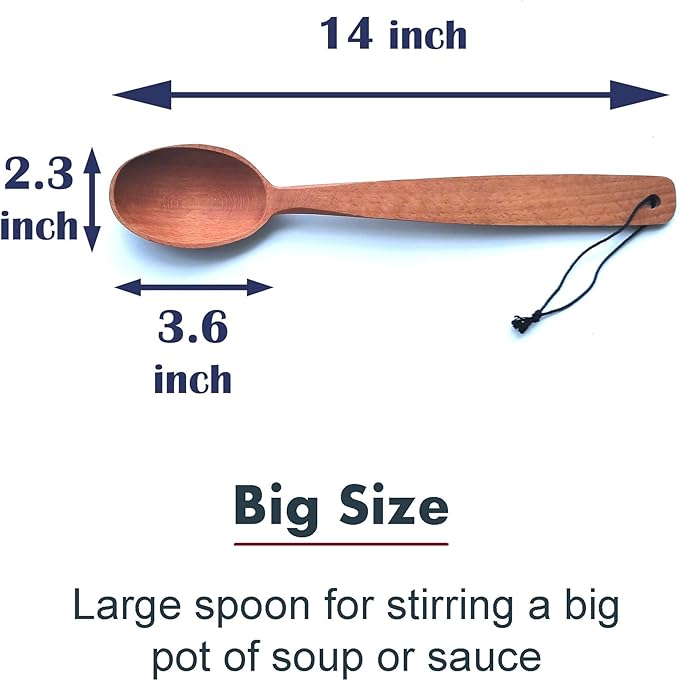 ECOSALL 14" Large Wooden Spoon with a Deep Scoop. Heavy Duty Big Non-Stick Cooking Spoon with a Strong Long Handle for Stirring, Mixing, Canning in Big Pots.
