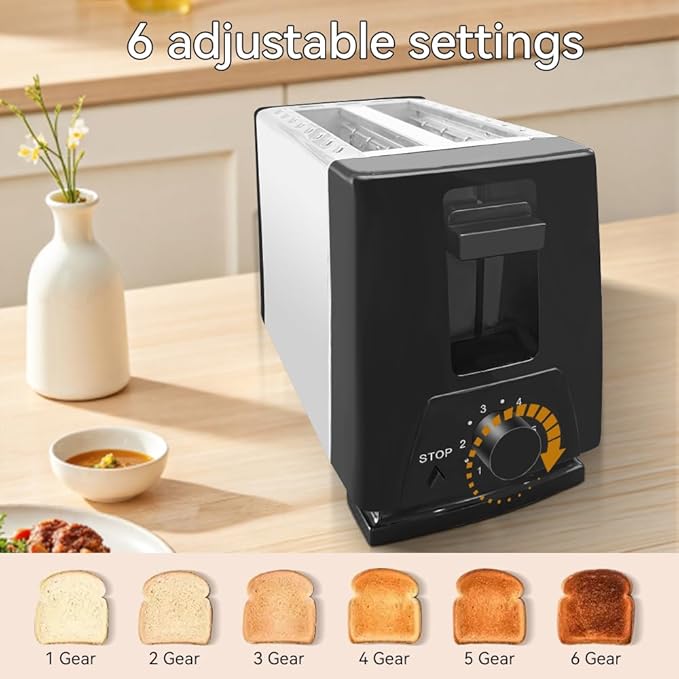Sleek 2-Slice Toaster with Wide Slots – 6 Adjustable Settings, Defrost for Frozen Bread, Removable Tray, Compact Stainless Steel Design – Modern kitchen appliances Essential (White)