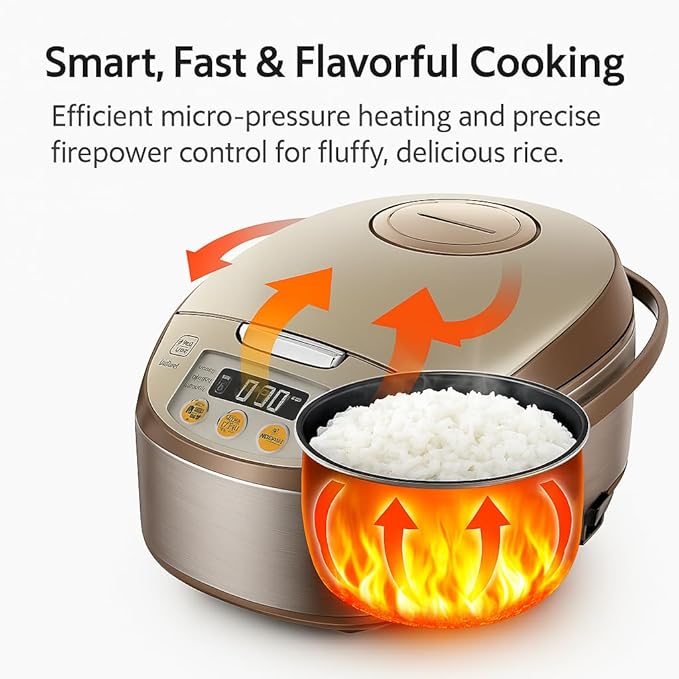 Midea Micom Rice Cooker, Digital Multi-Functional Ricer Cooker/Steamer, Brown Rice, Slow Cooker (3L/5.5Cup, Champange) MB-FS3017