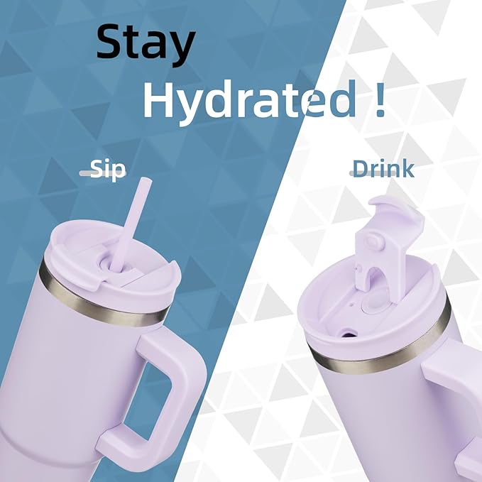 30 oz Tumbler with Handle and 2 Straws,2 in 1 Lid Insulated Water Bottle Stainless Steel Travel Coffee Mug,Wisteria