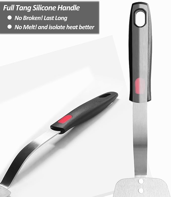Stainless Steel Flexible Spatula Turner, VOVOLY Thin Metal Spatula for Cast Iron Skillet, Thin Blade and Heat Resistant Silicone Handle, Great for Egg, Cookie, Meat, Crep, Medium