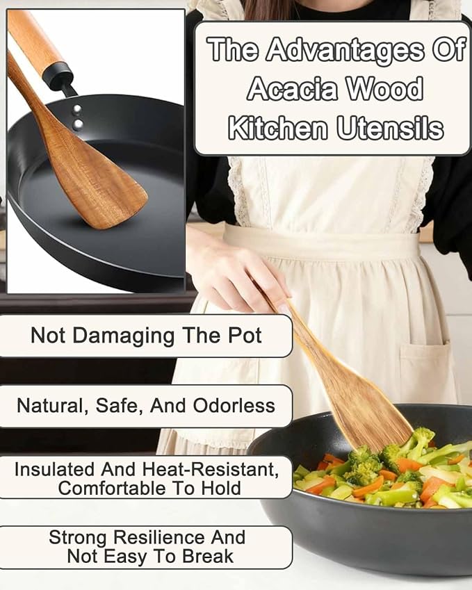 Handcrafted Acacia Wood Kitchen Utensil Set, 10-PCS Natural Brown Cooking Spoons and Slotted Spatulas, Premium Wooden Serving Tools for Kitchen (10Spoon)