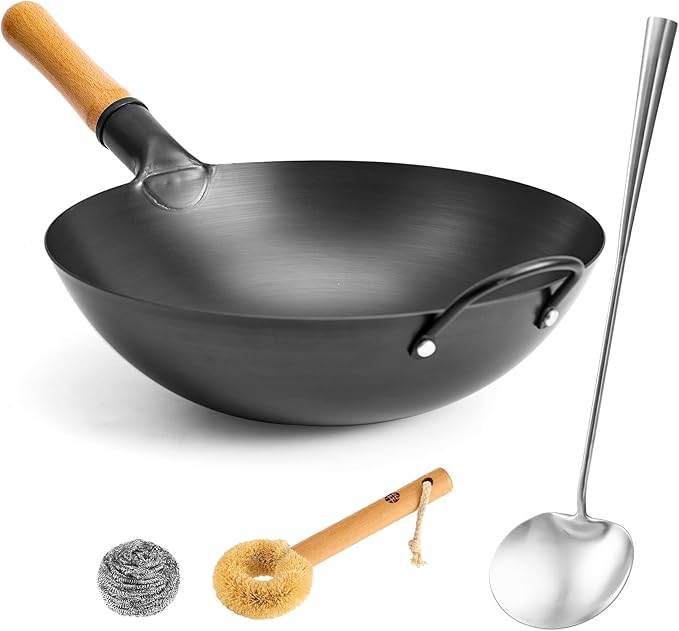 WANGYUANJI 14.2 Inch Round-Bottom Iron Wok, Deep Chinese Stir-Fry Pan (Seasoning Required), Wok Ring Required, Not Flat-Top/Induction — No Lid, No Ring,Wooden Handle, Coating-Free