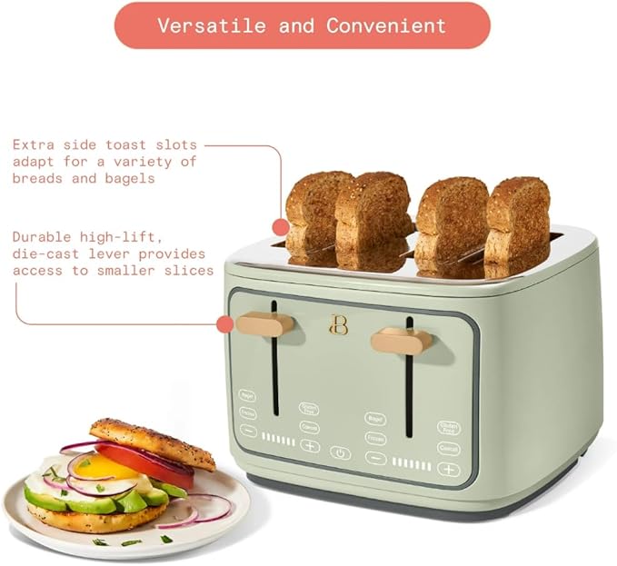 Beautiful 4-Slice Toaster by Drew Barrymore – Touch Display, Extra-Wide Slots, Bagel & Frozen Functions, Stainless Steel (Sage Green)