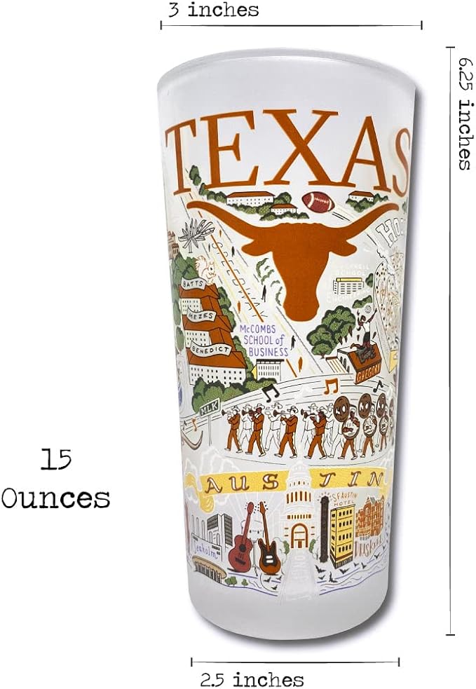 Catstudio Drinking Glass, University of Texas Glass Cup for Kitchen, 15oz Dishwasher Safe Tumbler for UT Alumni