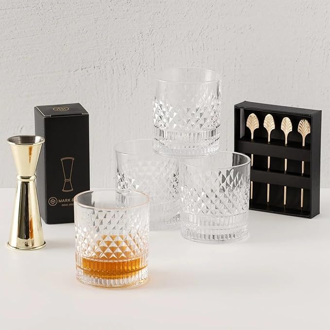 Cocktail Glasses & Mixology Set - Old-Fashioned Cocktail Kit with Smoker Kit, Bourbon, Jigger for Bartending, with Golden Picks