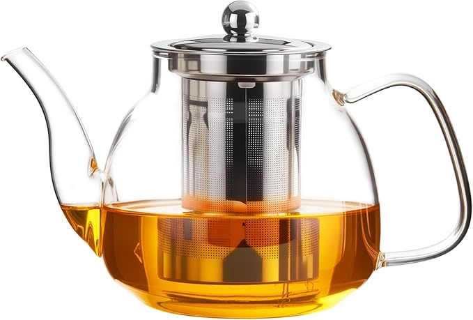 PARACITY Glass Teapot Stovetop 34 OZ, Borosilicate Clear Tea Kettle with Removable 18/8 Stainless Steel Infuser, Teapot Blooming and Loose Leaf Tea Maker Tea Brewer for Camping, Travel