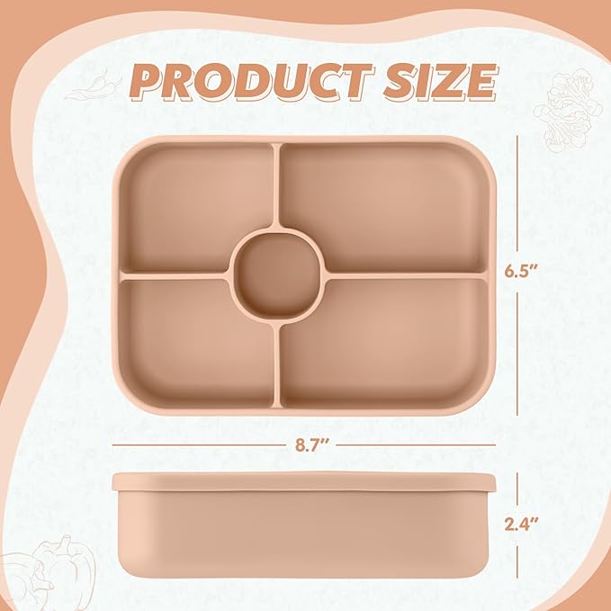 4 Pack Silicone Bento Boxes for Adults, 5 Compartment Reusable Lunch Containers with Sauce Section, Leakproof Meal Prep Snack Box Microwave & Dishwasher Safe for Work School Office(Khaki)