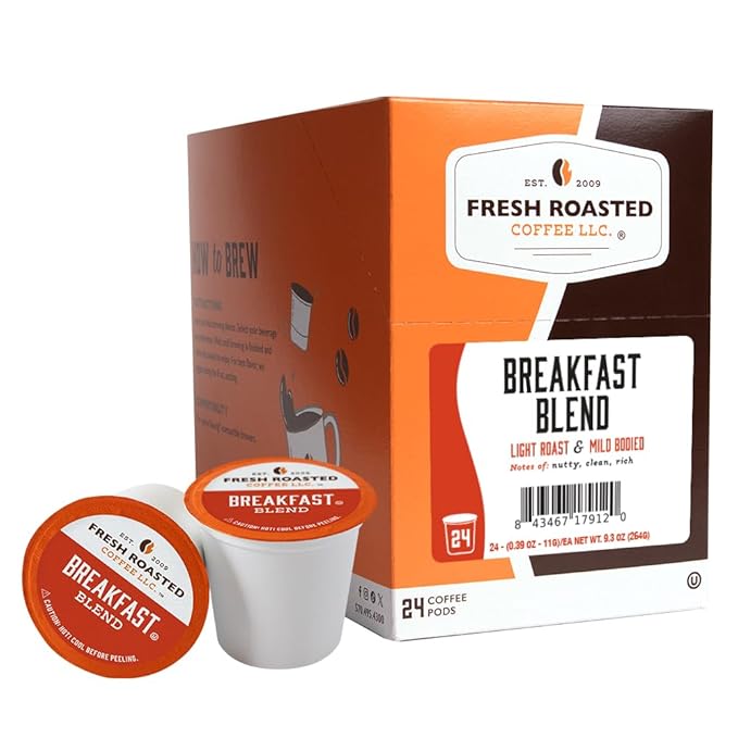 Fresh Roasted Coffee, Breakfast Blend, Light Roast, 24 Pods for K Cup Brewers