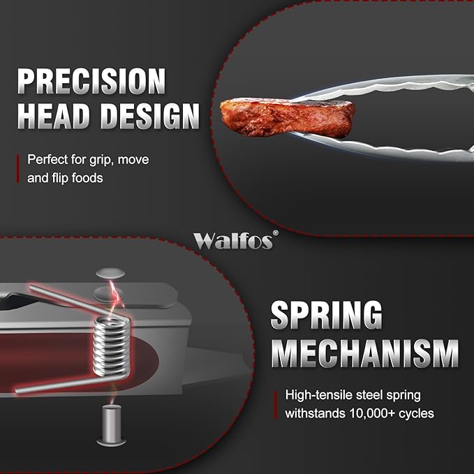 Walfos Stainless Steel Kitchen Tongs - 7, 9 & 12 Inch Heavy Duty Locking Metal Tongs for Cooking, BBQ Grilling, Set of 3 Non-Slip Grip (Wine Red)