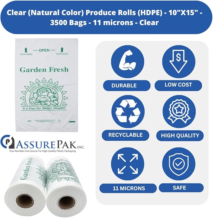 AssurePak Clear Produce Roll - 3500 Bags - 10"x15" – HDPE - 11 Microns - for Grocery, Food Storage, Reusable Produce, Small Business, Kitchen Use, Organization, Lightweight Packaging