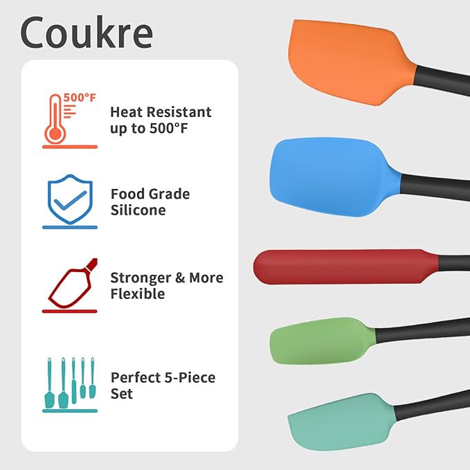 Coukre Silicone Spatula Set of 5,High Temperature Resistant, Food Grade Silicone, Dishwasher Safe, for Baking, Cooking (Colorful)