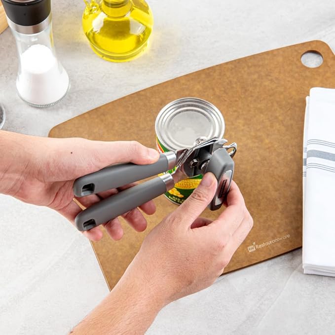 Restaurantware Comfy Grip 7.6 x 1.9 x 2.1 Inch Can Opener 1 Durable Manual Can Opener - Sharp Wheel Blade Grip Handle Gray Stainless Steel Hand-Held Can Opener Built-In Bottle Opener