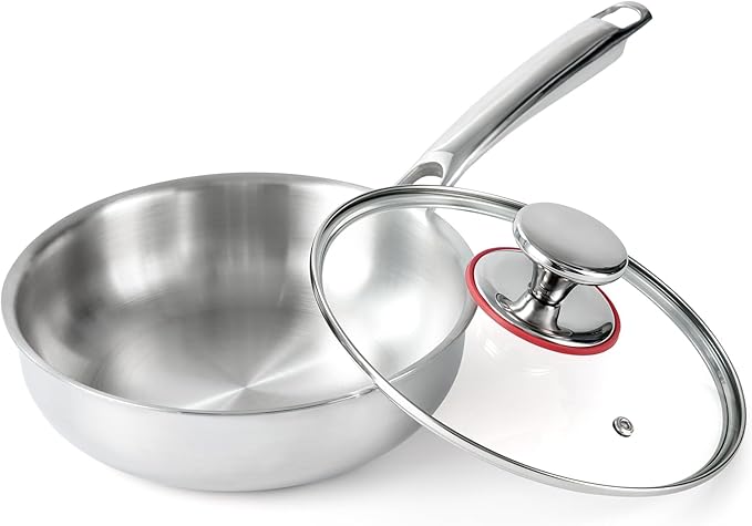 Professional Grade 316L Stainless Steel Frying Pan | 8 Inch Skillet with Glass Lid | Healthy PFOA/PFOA-Free & Dishwasher Safe | Induction & Gas Stove Compatible, Oven Safe to 500°F