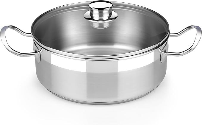 BRA COOKWARE Profesional 18/10 Stainless Steel Stock Pot w/Glass Lid | 8 Inch 2.4 Quart Professional Cooking Pot | 5.5mm Thick Base | PFOA Free Deep Pot | All Cooktops | All Cooktops & Oven Safe