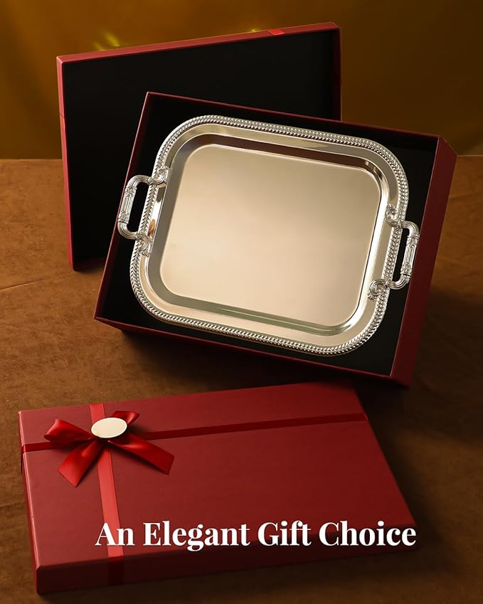 18.5"x14.5" Rectangular Silver Serving Tray with Handles, Beautiful Mirror Polished Finish, Lightweight Classic Metallic Decorative Silverplate Tray for Wedding Anniversary Birthday Holiday Gatherings