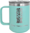 LaserGram 15oz Vacuum Insulated Coffee Mug, Tiki Statue, Personalized Engraving Included (Teal)