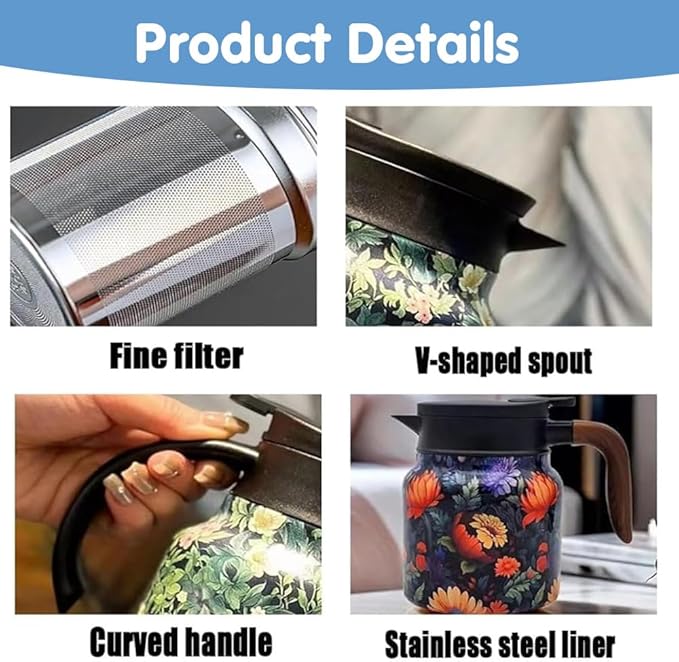 Vintage Floral Pattern Tea Pots – Built-in Infuser,Vintage Floral Teapot with Built In Infuser Stainless Steel Thermal Carafe with Lid for Hot Drinks,Brown(Wooden handle,35oz)