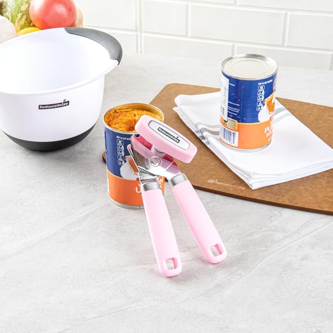 Restaurantware Comfy Grip 7.6 x 1.9 x 2.1 Inch Can Opener 1 Durable Manual Can Opener - Sharp Wheel Blade Grip Handle Pink Stainless Steel Hand-Held Can Opener Built-In Bottle Opener