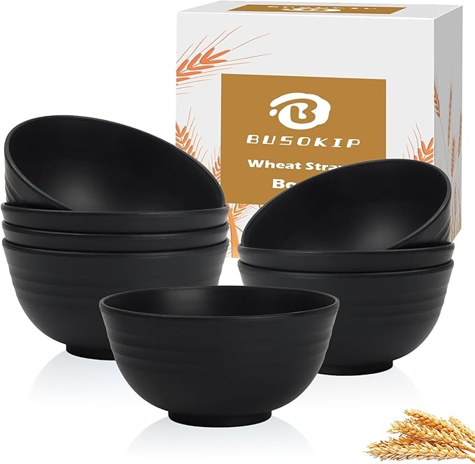 Cereal Bowls 26 OZ, Unbreakable Wheat Straw Bowl 8 PCS, Reusable Plastic Bowl Set, Microwave and Dishwasher Safe Kitchen bowls for Serving, Dinner, Soup, Snack, Fruit - Black