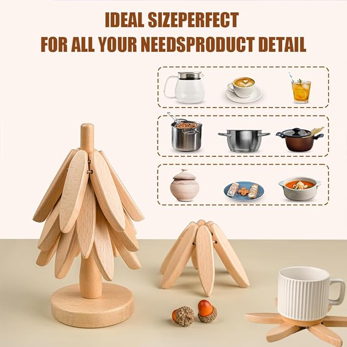 Wooden Trivets for Hot Dishes， Tree Shape Trivet Set,Trivets for Hot Dishes - 4 Wooden Trivet + 1 Stand（Beech Wood）