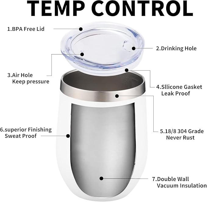 12oz/6 Pack Wine Tumbler Glasses with Lid Stemless Double Wall Vacuum Stainless Steel Travel Tumbler Keeping Cold & Hot for Wine,Coffee,Cocktails,Christmas Drinks-Family and Gifts (White)