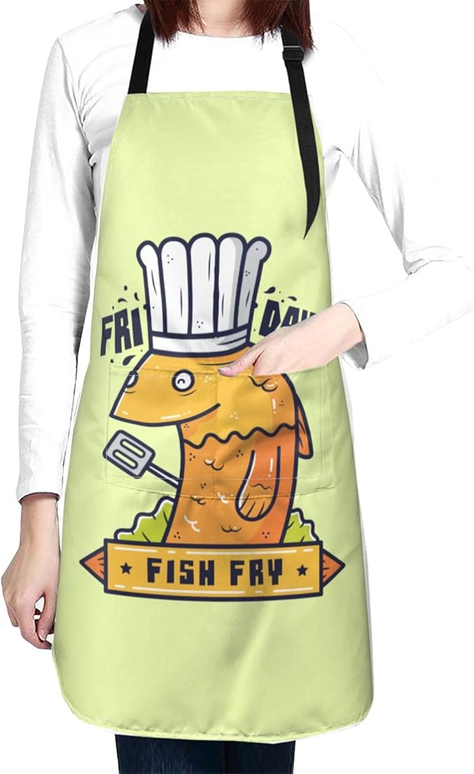 Friday Fish Fry Apron Adjustable Neck Aprons For Men Women With Pockets Waterproof Aprons For Kitchen Home Cooking Bbq Apron