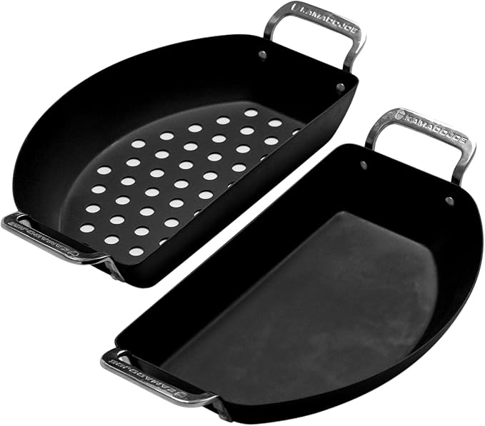 Kamado Joe Karbon Steel Pre-Seasoned Carbon Steel Non-Stick Half-Moon Pans with One Solid Pan and One Perforated Pan for Classic Joe and Big Joe Kamado Grills, Model KJ15124822