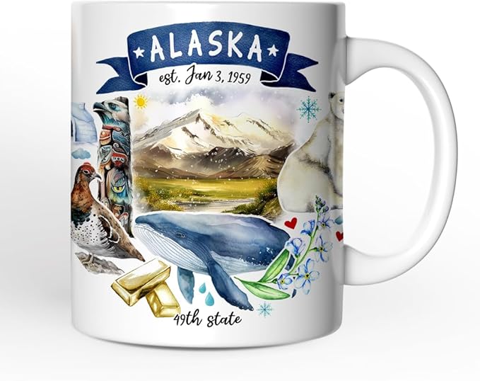 OrnamentallyYou State Travel Landmark Mugs – 12 oz Ceramic Coffee Cups, U.S. Souvenir Gift for Tourists (Artistic Alaska State Themes and Landmarks Mug)