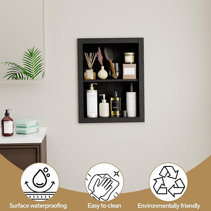 14'' * 18'' Recessed Medicine Cabinet Wall Niche Wood, 2-Tier Bathroom Niche Insert for Drywall, in Wall Shelf Medicine Cabinets Replacement, for Living Room, Bathroom Storage, Black