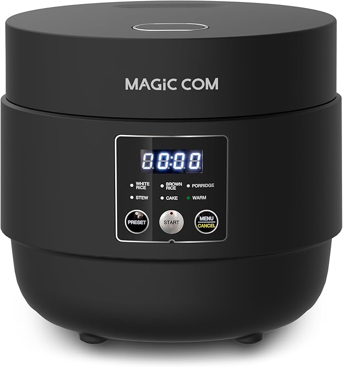 MAGiC COM Mini Rice Cooker 4 Cup Uncooked (8 Cup Cooked), Small Digital Multi-Cooker with Steamer, 24H Delay Timer, Automatic Keep Warm, Non-Stick Pot, Perfect for Dorm, Travel, Single Serve (Black)