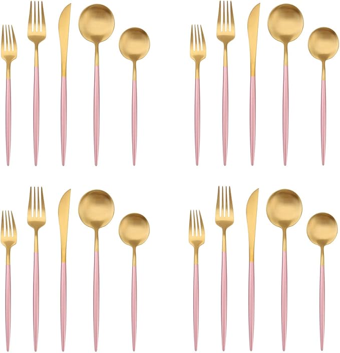 Matte Gold Silverware Set with pink handle, Bysta 20-Piece Stainless Steel Flatware Set, Kitchen Utensil Set Service for 4, Tableware Cutlery Set for Home and Restaurant, Satin Finish, Dishwasher Safe