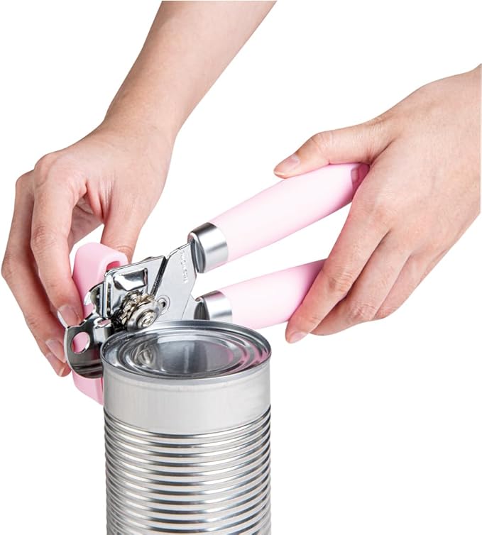 Restaurantware Comfy Grip 7.6 x 1.9 x 2.1 Inch Can Opener 1 Durable Manual Can Opener - Sharp Wheel Blade Grip Handle Pink Stainless Steel Hand-Held Can Opener Built-In Bottle Opener