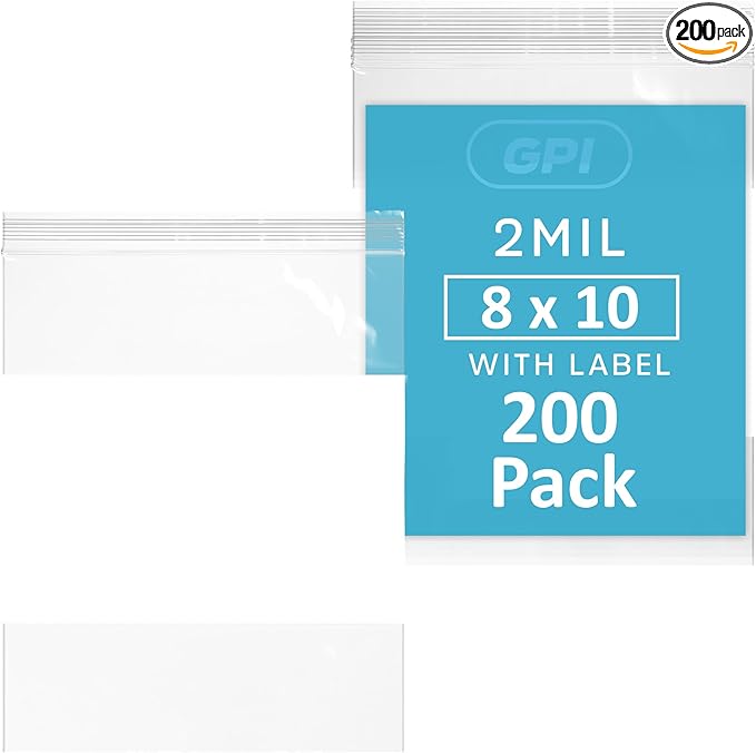 200 Count, 8" x 10" 1/2 Gallon Zip Bags, 2 Mil Thick Clear Plastic Reclosable Zipper Lock Bags with Write-on White Block, with Resealable Zip Top Lock for Food Storage, Sandwiches & Office Supplies