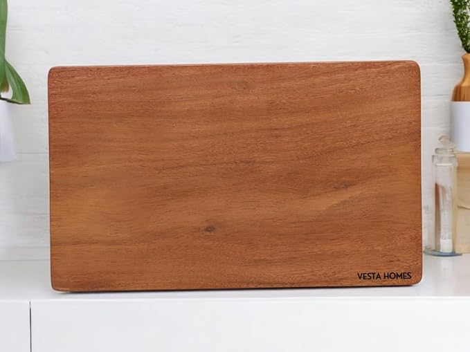 Vesta Homes Single Block Wooden Chopping/Cutting Board for Kitchen Vegetables, Fruits & Cheese | Natural Acacia Wood | Natural Color, 15 x 9 x 1 inches | Handcrafted in India