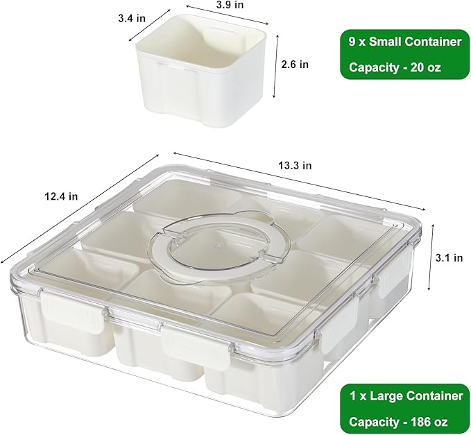 Taiuloo Divided Serving Tray with Airtight Lid and Handle, 9 Compartment Snackle Box Container, Portable Snack Platters, Clear Fridge Organizer & Food Storage for Veggie, Fruit, Charcuterie, Nuts