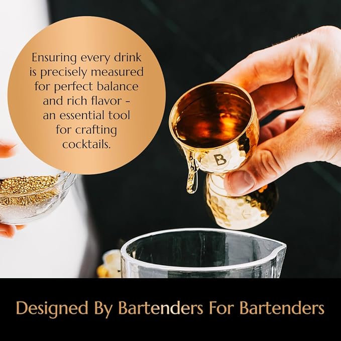Hammered Bell Jigger by Bull In China - Premium 100% Brass with 0.25oz to 2oz Measures for Cocktails, Bars & Bartenders