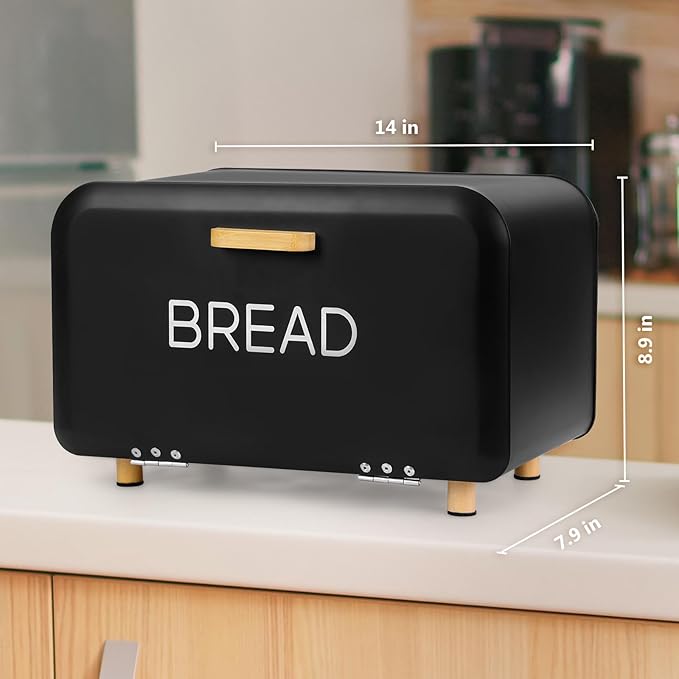 Black Bread Box for Kitchen Countertop - Large Capacity Bread Storage Container Modern Bread Box - Stylish Metal Bread Organizer