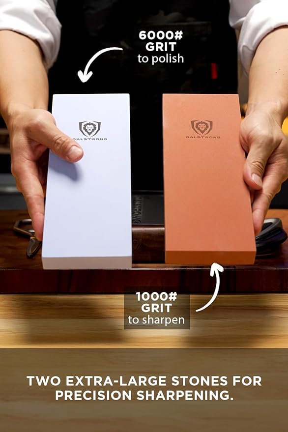 DALSTRONG Premium Whetstone Kit - #1000/#6000 Knife Sharpening Kit - Extra Large Grit Stones - Top-Grade Corundum - Thick Knife Sharpening Stone - Hand Crafted Acacia Wood - Whetstone Knife Sharpener