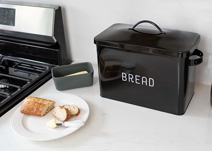 Nat & Jules Extra Large Black 15 x 10 Metal Farmhouse Bread Box - Holds Two Full Loaves