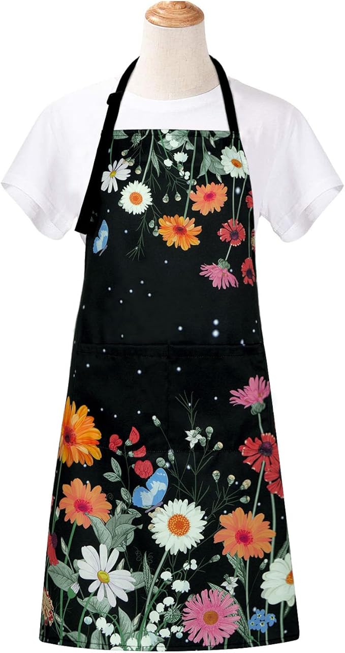 ASPMIZ Floral Apron for Adults, Waterproof Women Apron with 2 Pockets, Flower Cooking Aprons with Adjustable Neck Strap, Kitchen Apron for Washing Dishes, Gifts BBQ Grill 27.5 x 31.5 Inches, Black