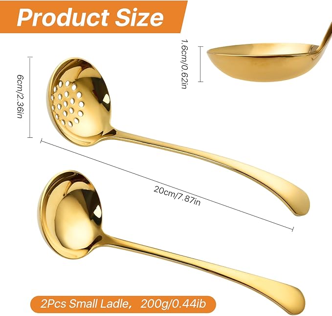 7.9 Inch Gold Small Ladle, 2 Pcs Gold Slotted Spoon Soup Ladle Set, Stainless Steel Small Ladles for Serving Sauce, Soup, Vegetables, Gold Metal Soup Ladle for Buffet, Party, Kitchen