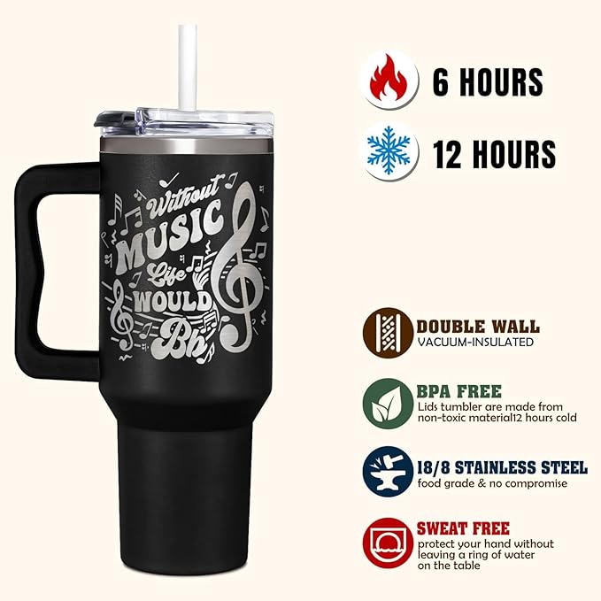 Music Gifts for Men, Women & Teens - 40oz Musical Themed Tumbler with Handle for Music Lovers, Teacher Appreciation Gifts - Fathers Day, Mothers Day, Birthday, Christmas Gift for Rhythm Lovers