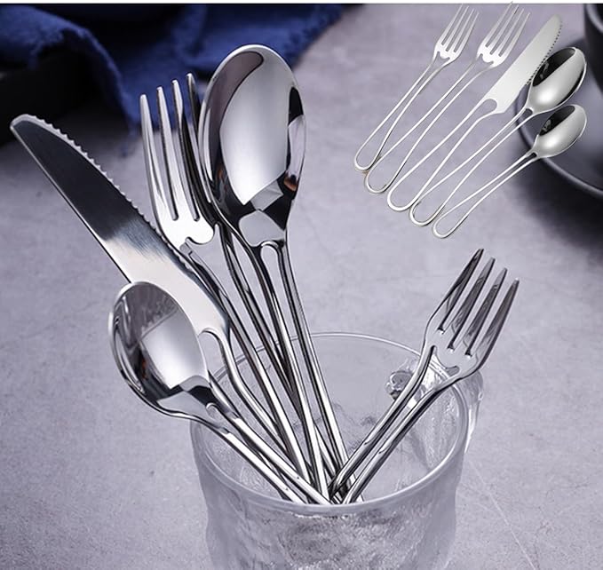 Silvery Flatware Set 4 Hollow Out Cutlery Stainless Steel Silverware 20 Pieces Forks Spoons and Knives Kitchen Utensils Hanging Handle Durable