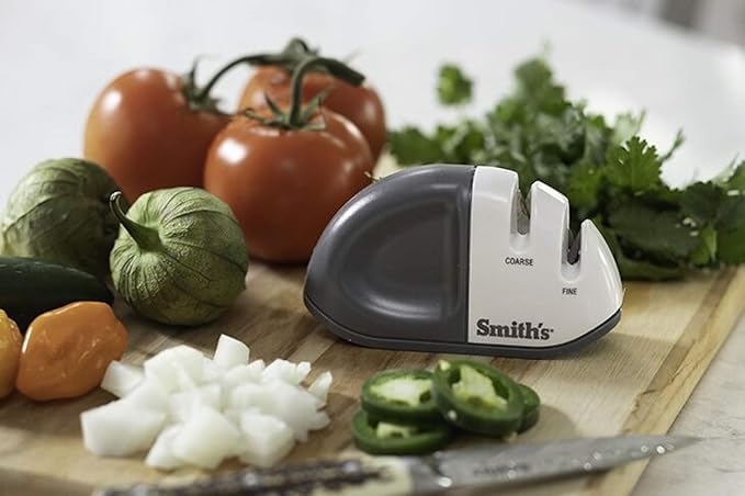 Smith's 51002 Edge Grip™ Select 2-Stage Sharpener - White - Compact - Non-Slip Base - Patented V Grip - Straight Edge Blades - Carbide & Ceramic Sharpeners